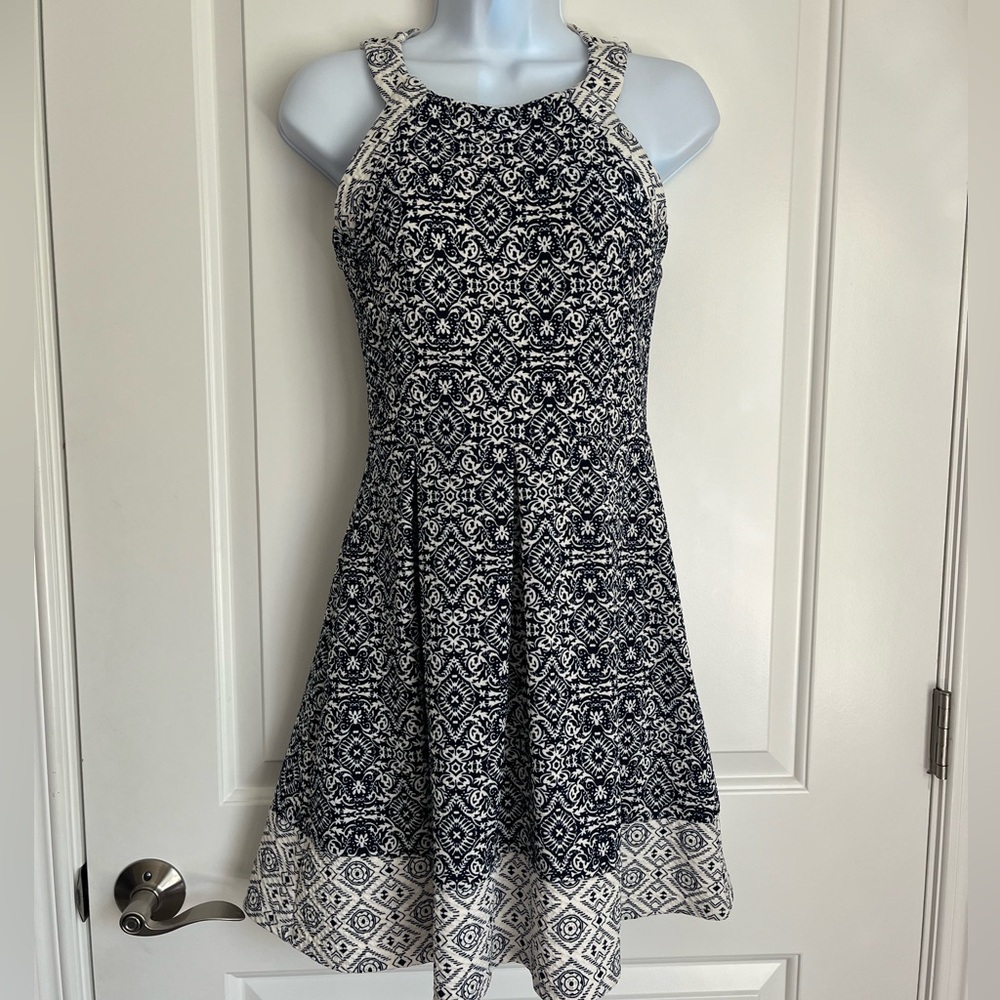 Rewind Navy Blue and Cream Fit and Flare Floral Halter Dress - Picture 1 of 7